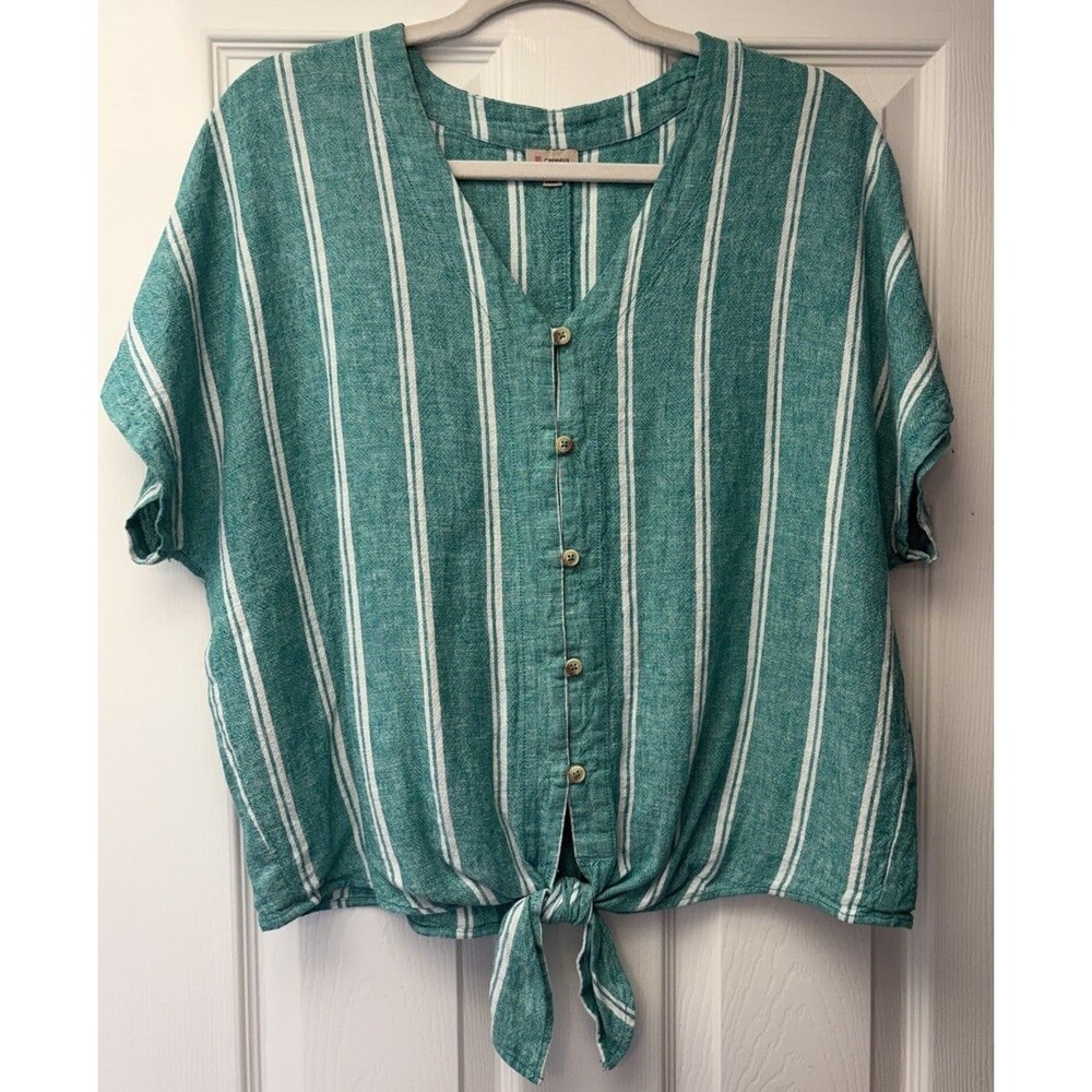 Daniel Cremieux Linen V-Neck Short Sleeve Blouse Tie Front Sz Medium Excellent